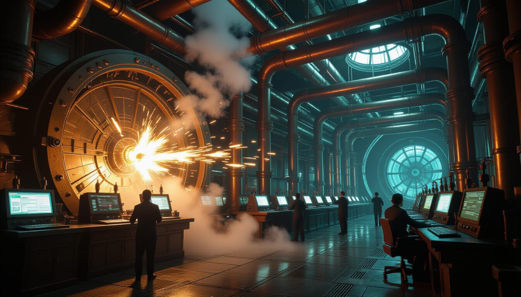 Intricate copper pipes and glowing data conduits interwoven throughout a vast control hall. One small section pulsates violently, causing the rest of the system to destabilise as cascading reactions flash across multiple monitoring panels. Engineers watch with apprehension.