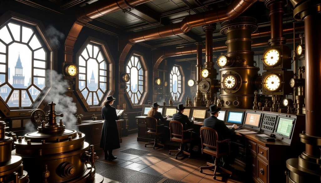 A sprawling steampunk control room at Unseen University Power & Light Co., wide-angle cinematic view. Hexagonal steam turbine controls, alchemical reactor panels, and city-wide SCADA consoles blend with interlocking brass and iron machinery, gears, pistons, and twisting copper pipes.